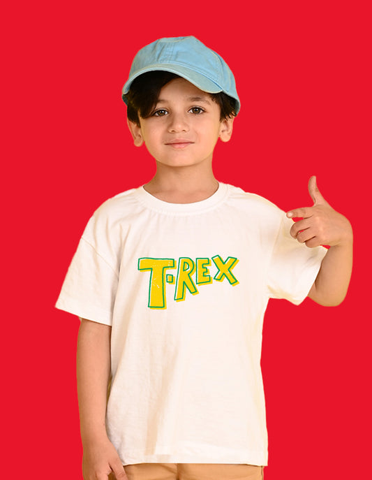 Nusyl Boys White T-Rex Text Printed Short Sleeve Oversized T-Shirt