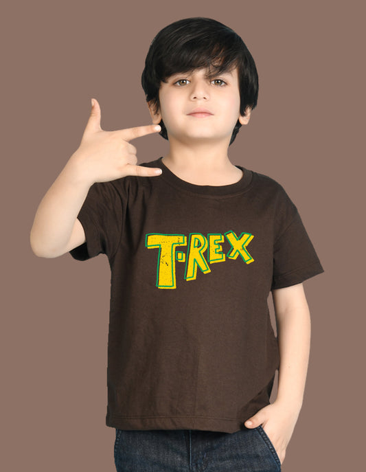 Nusyl Boys Brown T-Rex Text Printed Short Sleeve Oversized T-Shirt