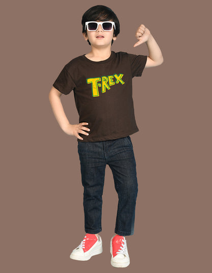 Nusyl Boys Brown T-Rex Text Printed Short Sleeve Oversized T-Shirt