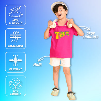 Nusyl Boys Hot Pink T-Rex Text Printed Short Sleeve Oversized T-Shirt