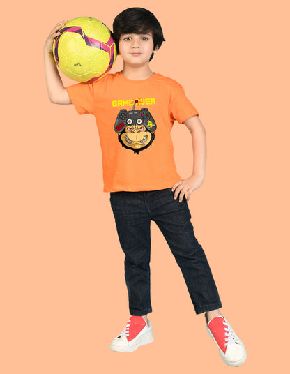 Nusyl Boys Orange Game Over Text Printed Short Sleeve Oversized T-Shirt