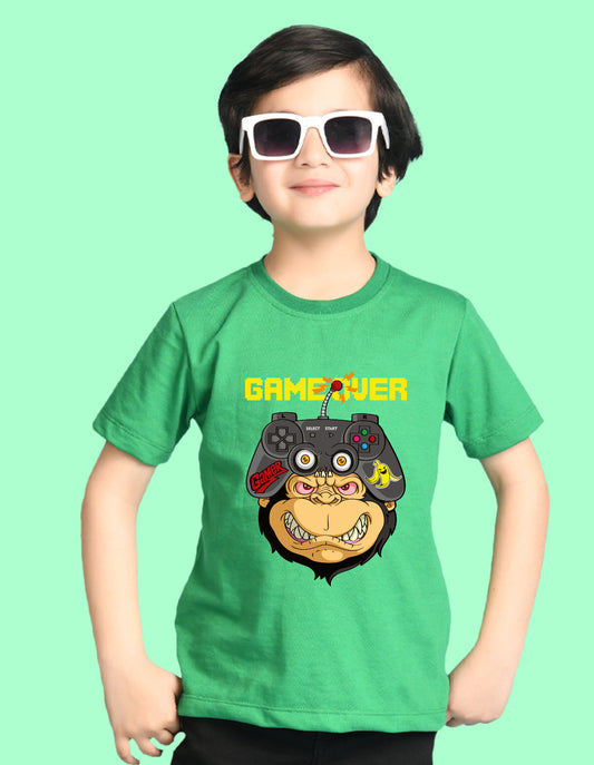 Nusyl Boys Green Game Over Text Printed Short Sleeve Oversized T-Shirt