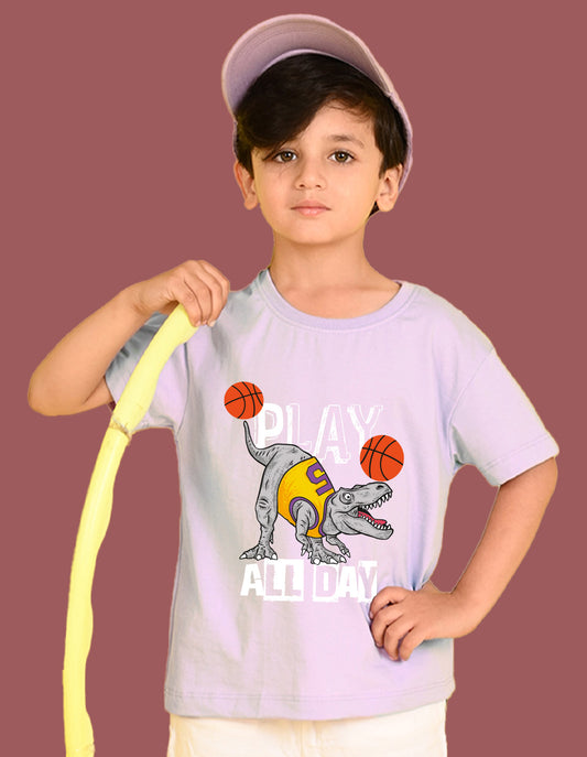 Nusyl Boys Lilac Play All Day Text Printed Short Sleeve Oversized T-Shirt