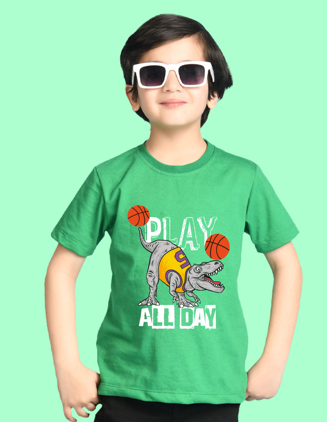 Nusyl Boys Green Play All Day Text Printed Short Sleeve Oversized T-Shirt