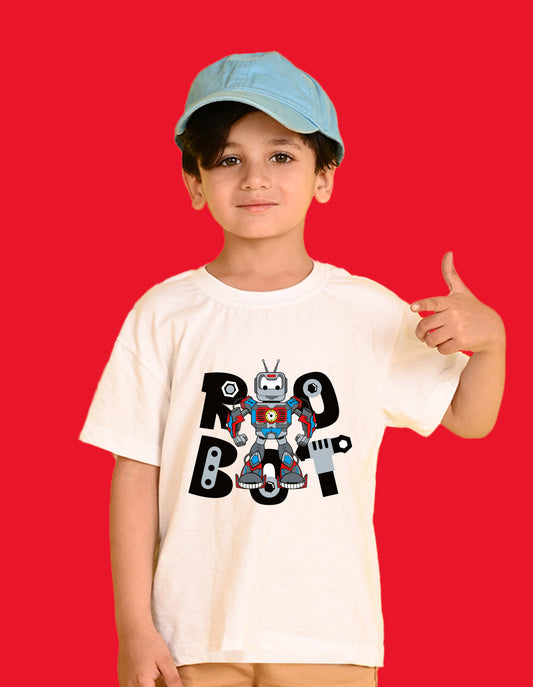 Nusyl Boys White Robot Text Printed Short Sleeve Oversized T-Shirt