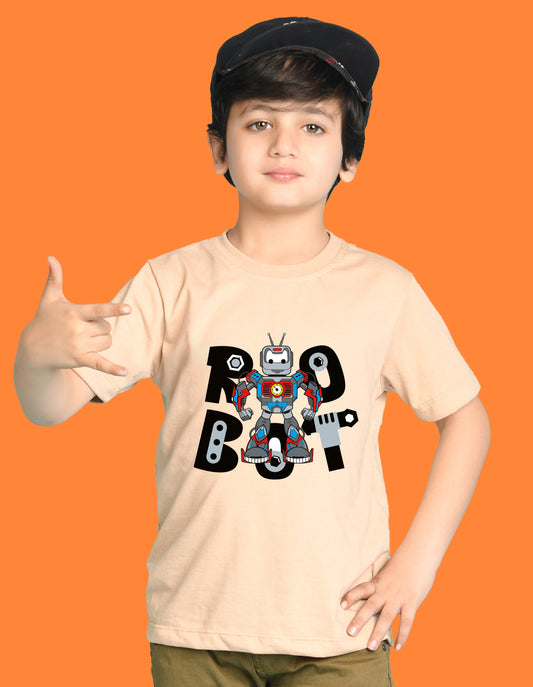 Nusyl Boys Beige Robot Text Printed Short Sleeve Oversized T-Shirt