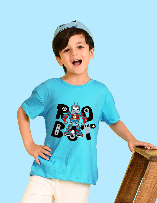 Nusyl Boys Sky Blue Robot Text Printed Short Sleeve Oversized T-Shirt
