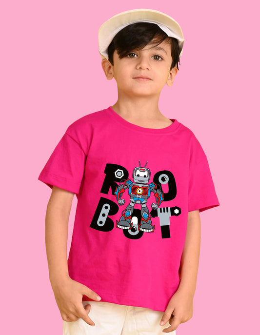 Nusyl Boys Hot Pink Robot Text Printed Short Sleeve Oversized T-Shirt