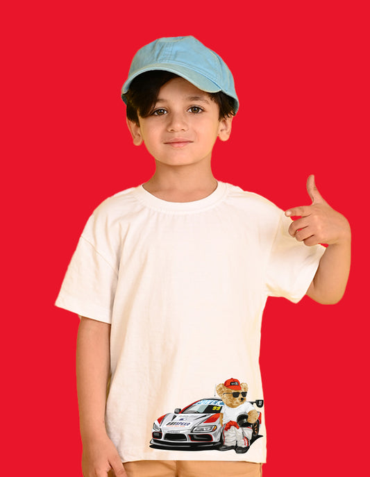 Nusyl Boys White Racing  Car & Teddy Bear Printed Short Sleeve Oversized T-Shirt