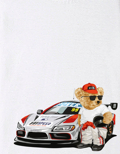 Nusyl Boys White Racing  Car & Teddy Bear Printed Short Sleeve Oversized T-Shirt