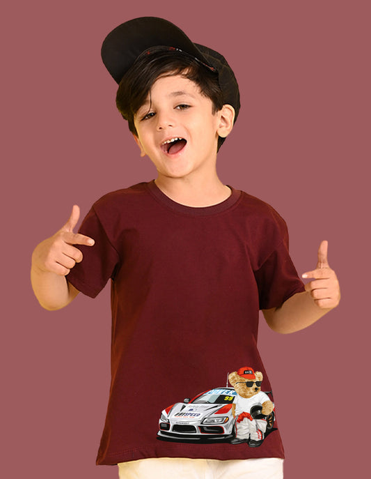 Nusyl Boys Wine Racing  Car & Teddy Bear Printed Short Sleeve Oversized T-Shirt