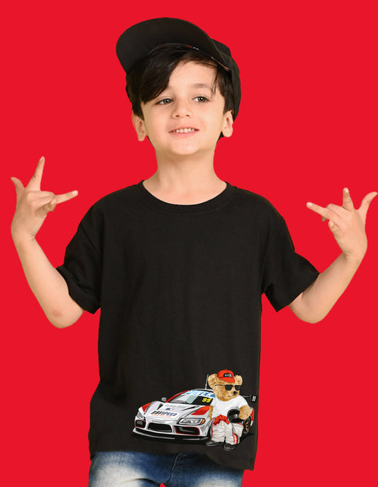 Nusyl Boys Black Racing  Car & Teddy Bear Printed Short Sleeve Oversized T-Shirt