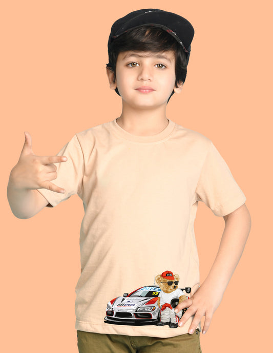 Nusyl Boys Beige Racing  Car & Teddy Bear Printed Short Sleeve Oversized T-Shirt
