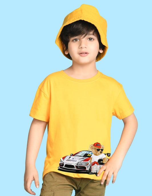 Nusyl Boys Yellow Racing  Car & Teddy Bear Printed Short Sleeve Oversized T-Shirt