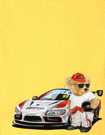 Nusyl Boys Yellow Racing  Car & Teddy Bear Printed Short Sleeve Oversized T-Shirt