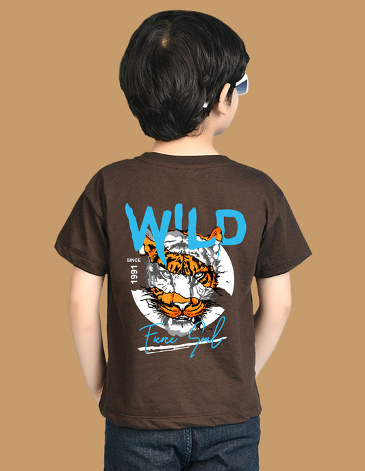 Nusyl Boys Brown Wild Text Printed Short Sleeve Oversized T-Shirt