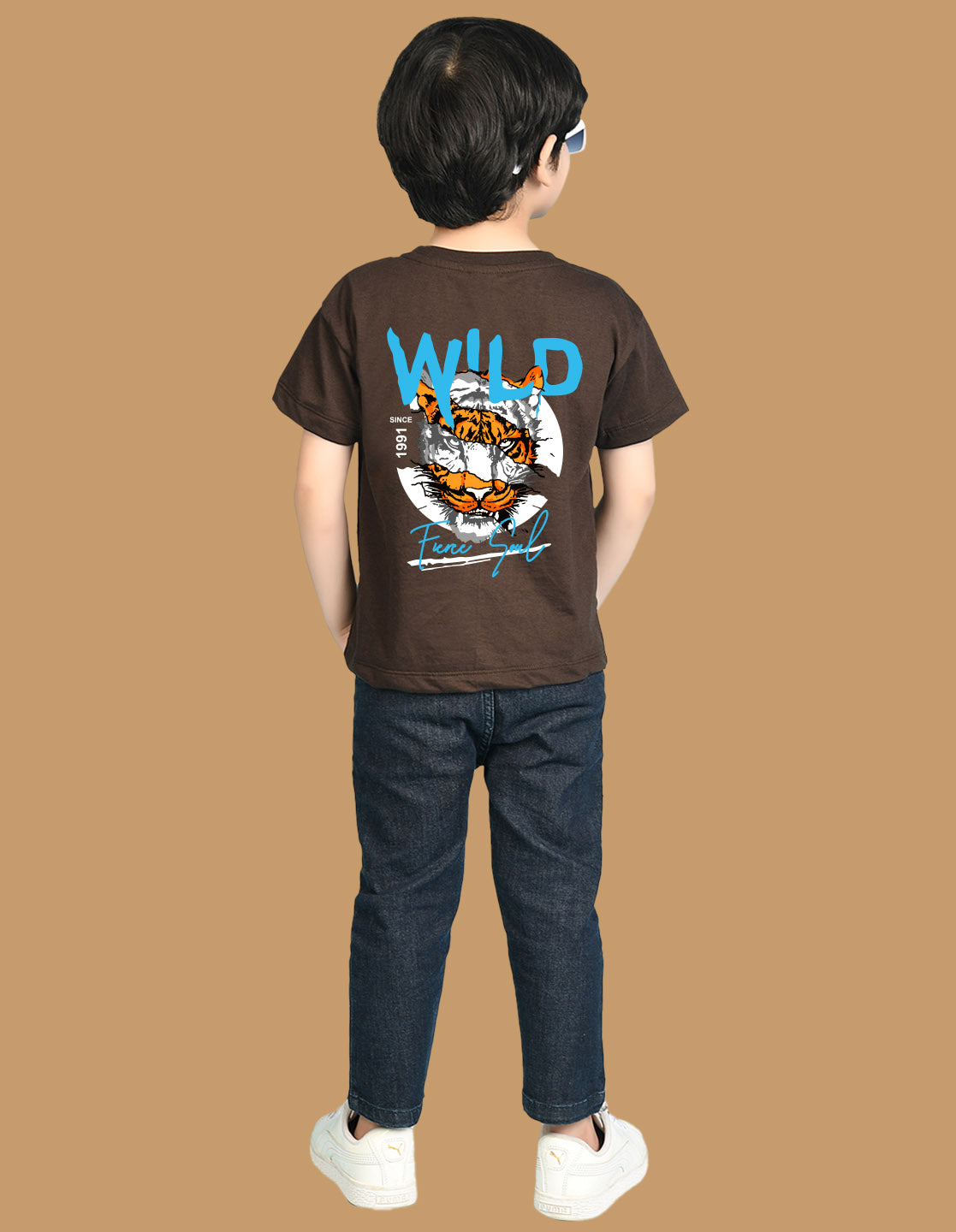 Nusyl Boys Brown Wild Text Printed Short Sleeve Oversized T-Shirt