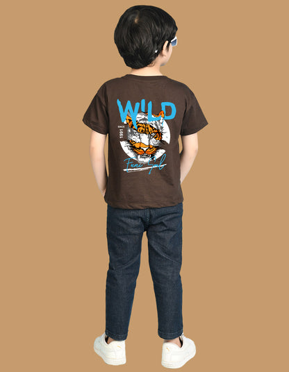 Nusyl Boys Brown Wild Text Printed Short Sleeve Oversized T-Shirt