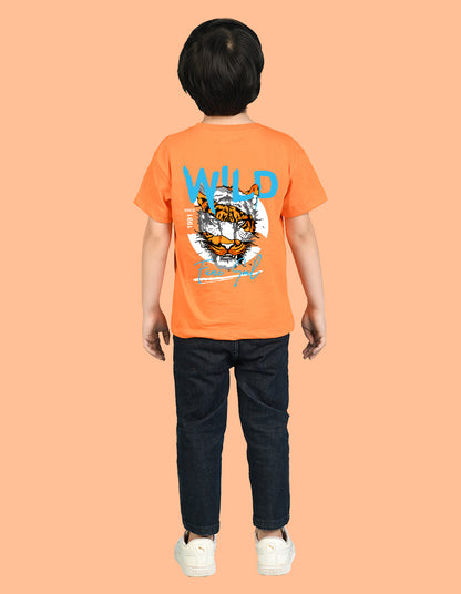 Nusyl Boys Orange Wild Text Printed Short Sleeve Oversized T-Shirt