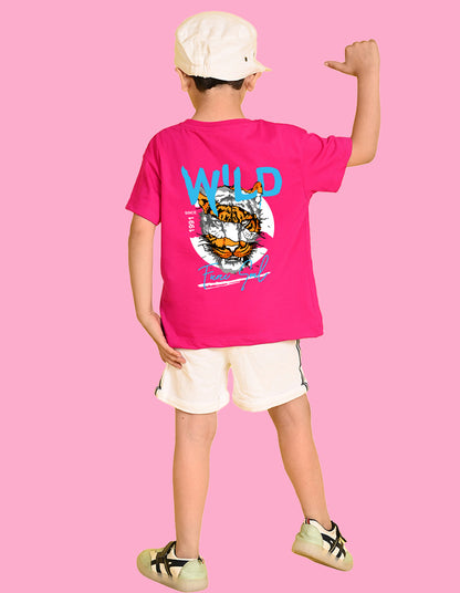 Nusyl Boys Hot Pink Wild Text Printed Short Sleeve Oversized T-Shirt