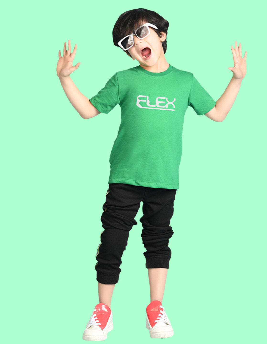 Nusyl Boys Green Flex Text Printed Short Sleeve Oversized T-Shirt