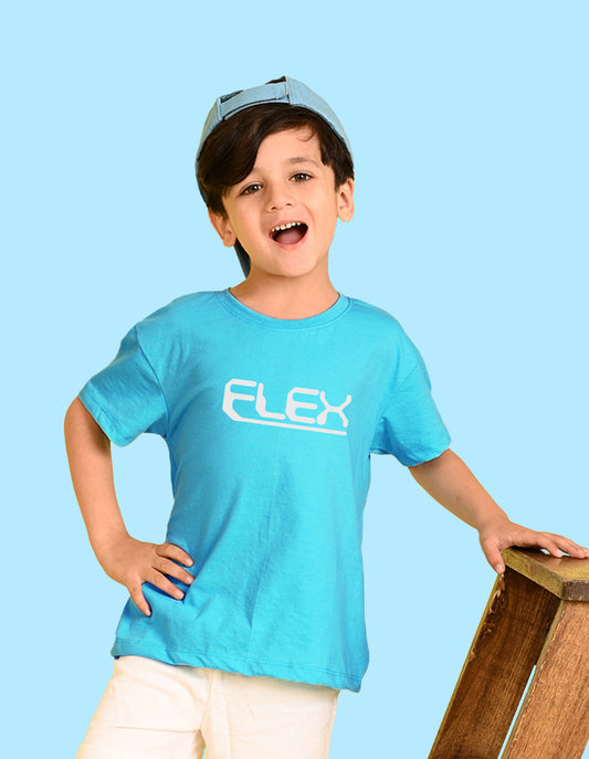 Nusyl Boys Sky Blue Flex Text Printed Short Sleeve Oversized T-Shirt