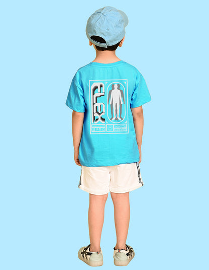 Nusyl Boys Sky Blue Flex Text Printed Short Sleeve Oversized T-Shirt