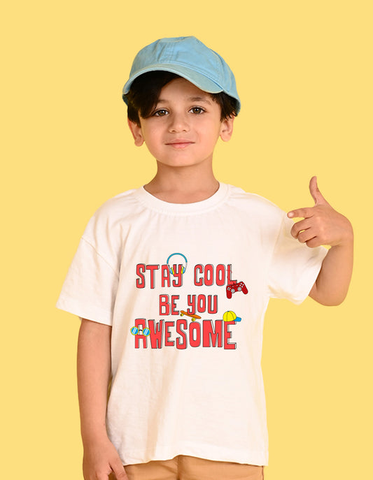 Nusyl Boys White Stay Cool Be You Awesome Text Printed Short Sleeve Oversized T-Shirt