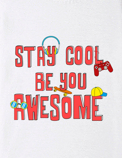 Nusyl Boys White Stay Cool Be You Awesome Text Printed Short Sleeve Oversized T-Shirt