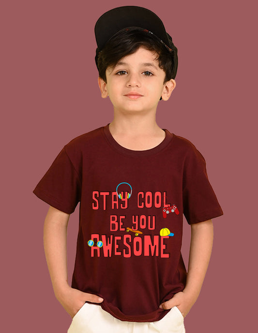 Nusyl Boys Wine Stay Cool Be You Awesome Text Printed Short Sleeve Oversized T-Shirt