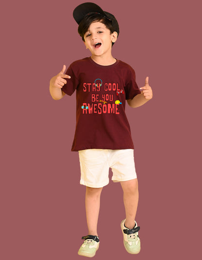 Nusyl Boys Wine Stay Cool Be You Awesome Text Printed Short Sleeve Oversized T-Shirt