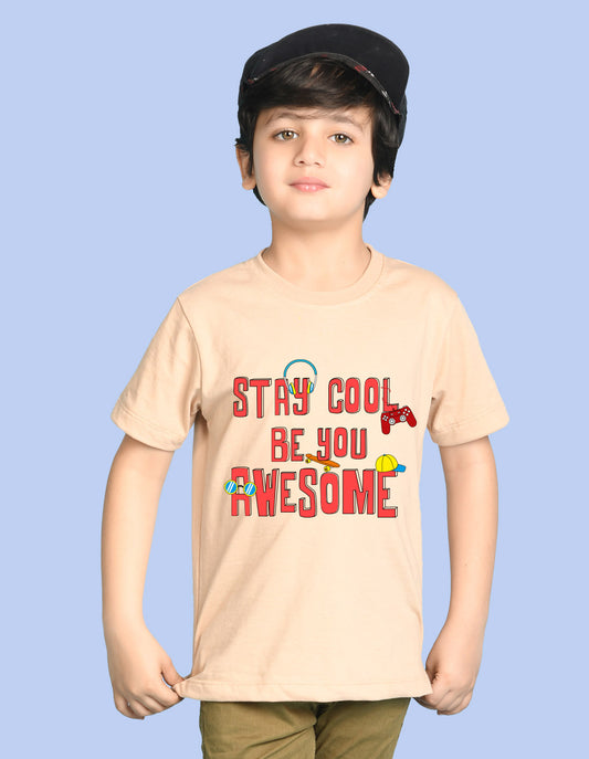 Nusyl Boys Beige Stay Cool Be You Awesome Text Printed Short Sleeve Oversized T-Shirt