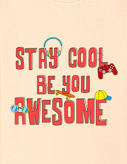 Nusyl Boys Beige Stay Cool Be You Awesome Text Printed Short Sleeve Oversized T-Shirt