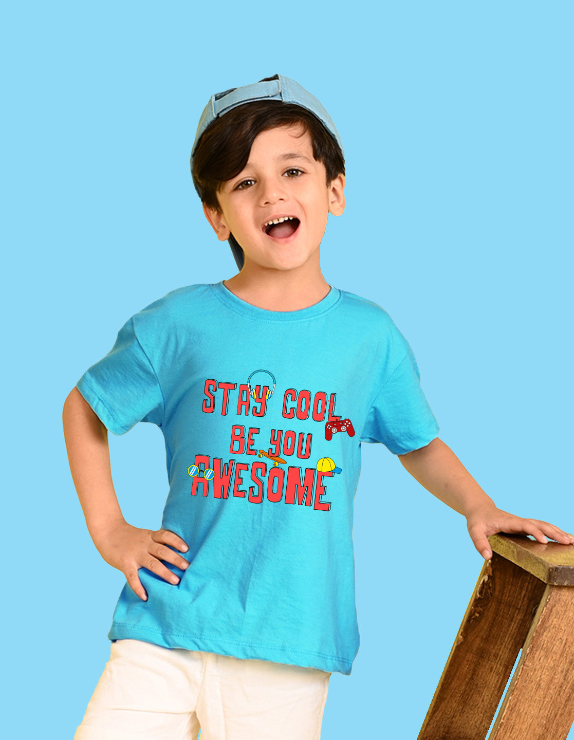 Nusyl Boys Sky Blue Stay Cool Be You Awesome Text Printed Short Sleeve Oversized T-Shirt