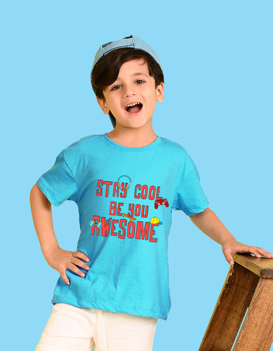 Nusyl Boys Sky Blue Stay Cool Be You Awesome Text Printed Short Sleeve Oversized T-Shirt