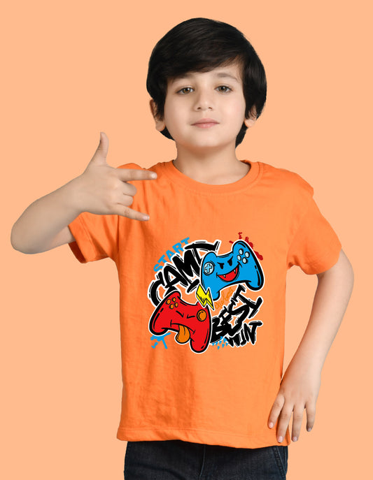 Nusyl Boys Orange Best Win Text Printed Short Sleeve Oversized T-Shirt