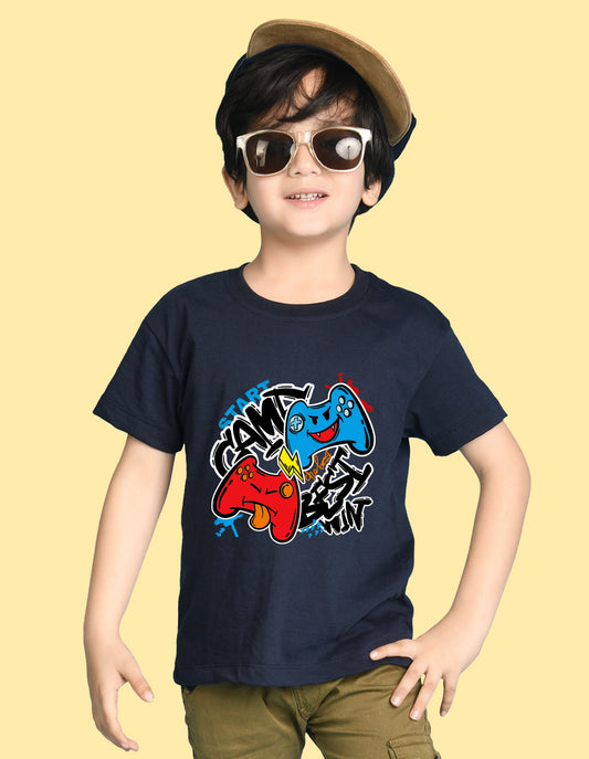 Nusyl Boys Navy Blue Best Win Text Printed Short Sleeve Oversized T-Shirt