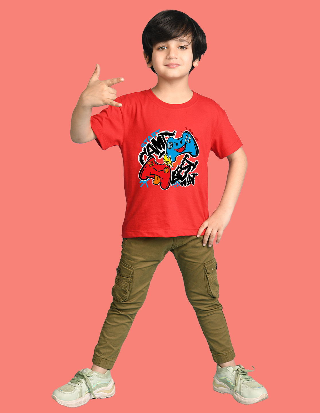 Nusyl Boys Red Best Win Text Printed Short Sleeve Oversized T-Shirt