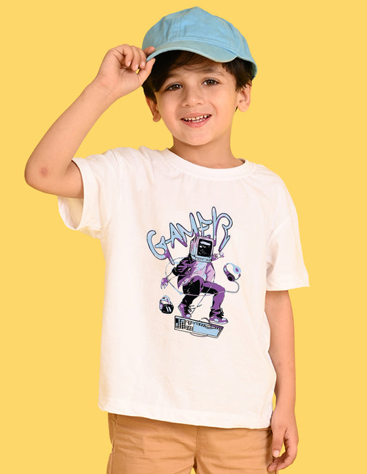 Nusyl Boys White Gamer Text Printed Short sleeve Cotton Blend Oversized T-shirts