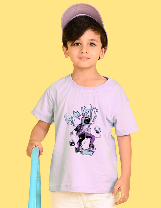 Nusyl Boys Lilac Gamer Text Printed Short sleeve Cotton Blend Oversized T-shirts