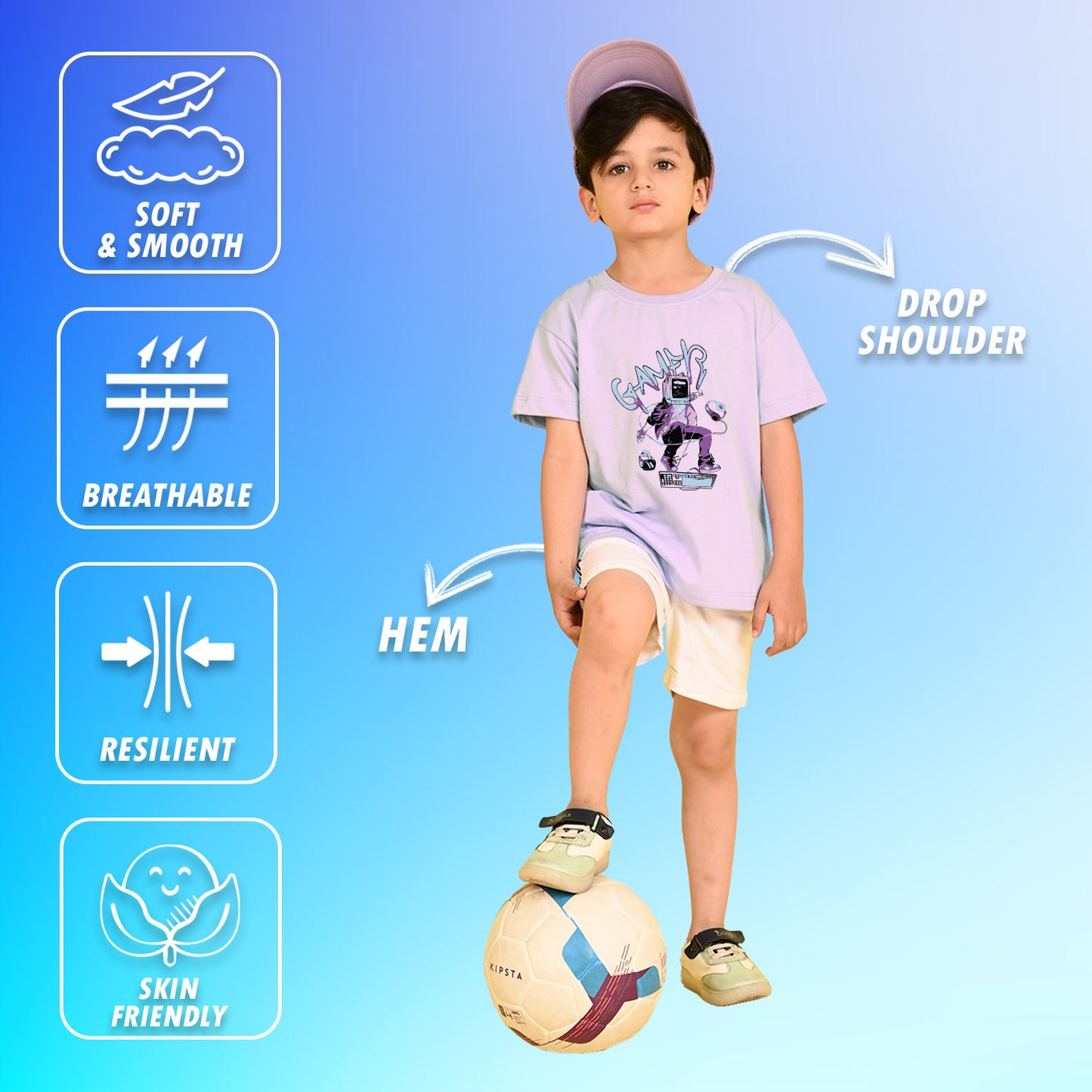 Nusyl Boys Lilac Gamer Text Printed Short sleeve Cotton Blend Oversized T-shirts