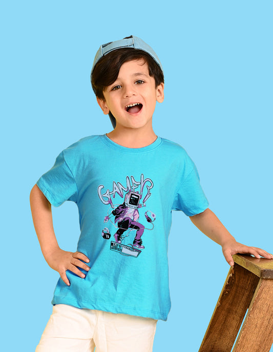 Nusyl Boys Sky Blue Gamer Text Printed Short sleeve Cotton Blend Oversized T-shirts
