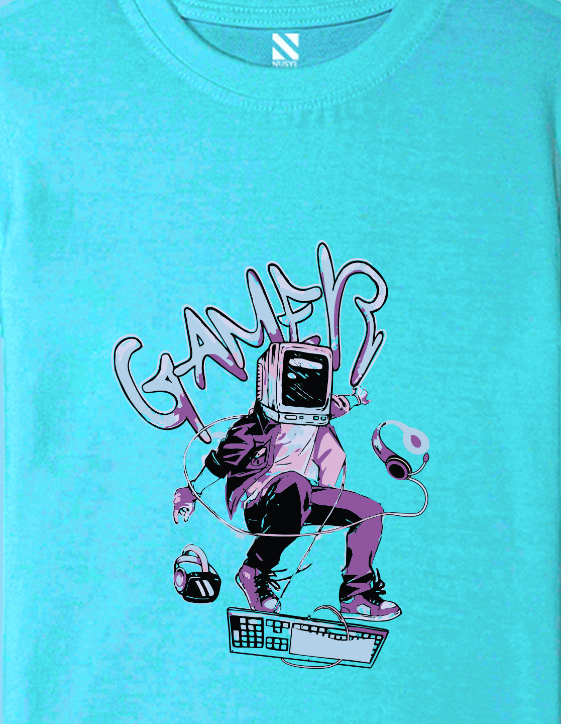 Nusyl Boys Sky Blue Gamer Text Printed Short sleeve Cotton Blend Oversized T-shirts