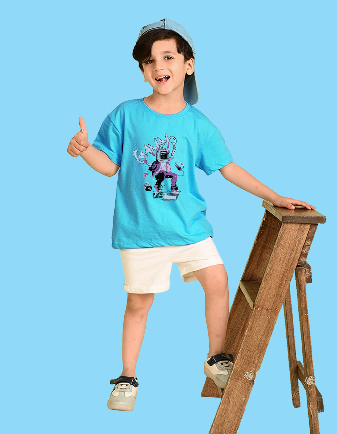 Nusyl Boys Sky Blue Gamer Text Printed Short sleeve Cotton Blend Oversized T-shirts