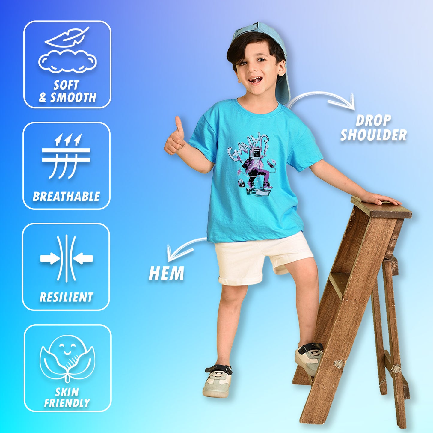 Nusyl Boys Sky Blue Gamer Text Printed Short sleeve Cotton Blend Oversized T-shirts
