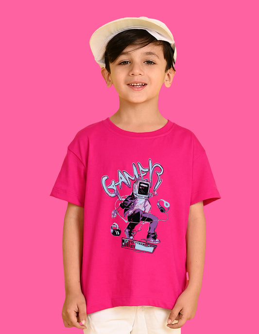Nusyl Boys Hot Pink Gamer Text Printed Short sleeve Cotton Blend Oversized T-shirts