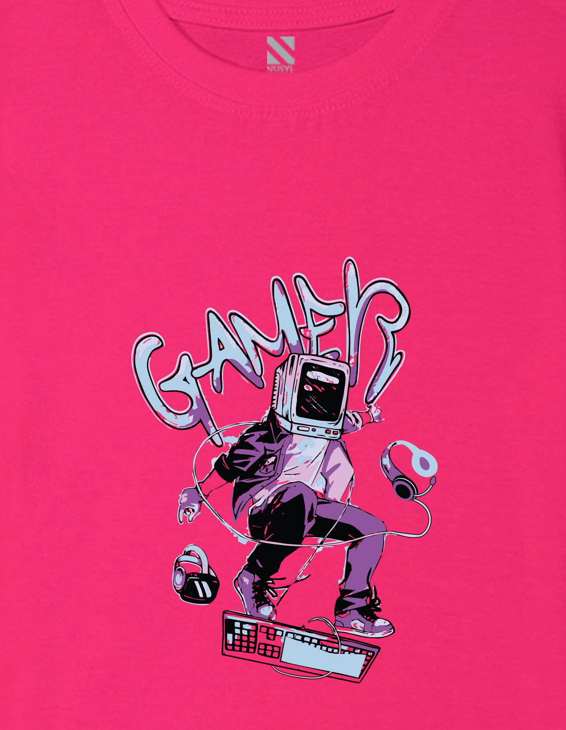 Nusyl Boys Hot Pink Gamer Text Printed Short sleeve Cotton Blend Oversized T-shirts