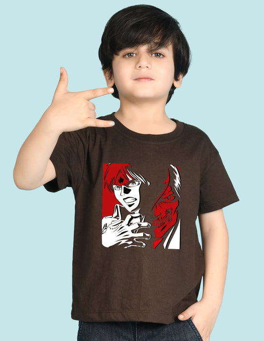 Nusyl Boys Brown Anime & Text Printed Short sleeve Cotton Blend Oversized T-shirts