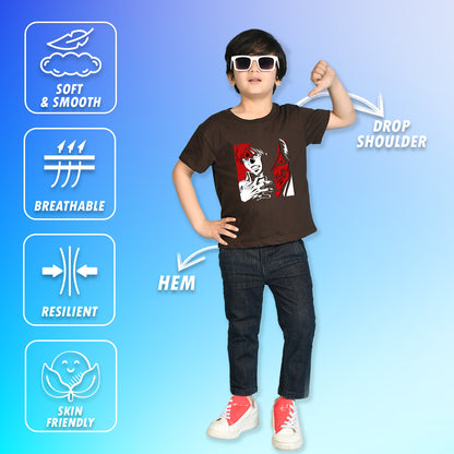 Nusyl Boys Brown Anime & Text Printed Short sleeve Cotton Blend Oversized T-shirts