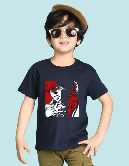 Nusyl Boys Navy Blue Anime & Text Printed Short sleeve Cotton Blend Oversized T-shirts